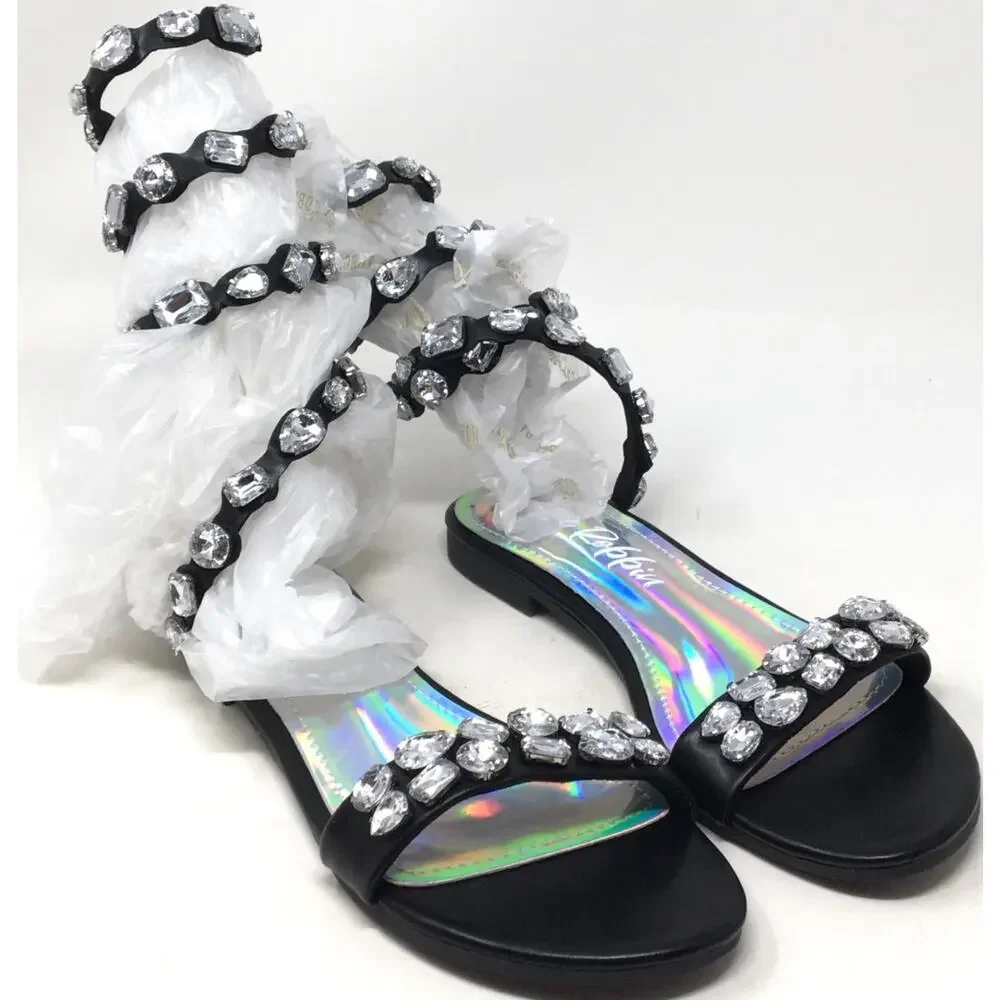Cape Robbin Esmeralda Women's Size 7.5 Black Wrap Up Gemstone Round Sandals - Picture 2 of 6